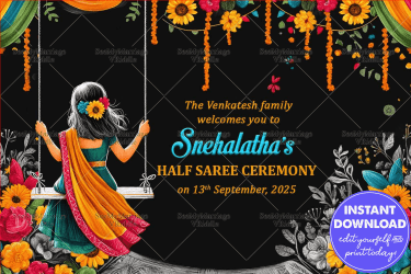 Colorful Blooms Half Saree Ceremony Welcome Poster with Swing Theme