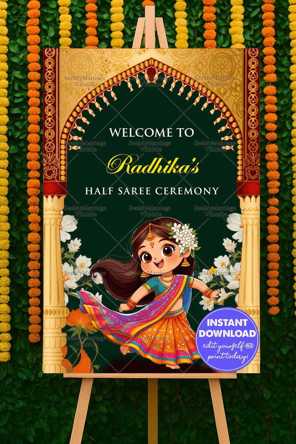 Colorful Cartoon Girl Half Saree Ceremony Welcome Poster