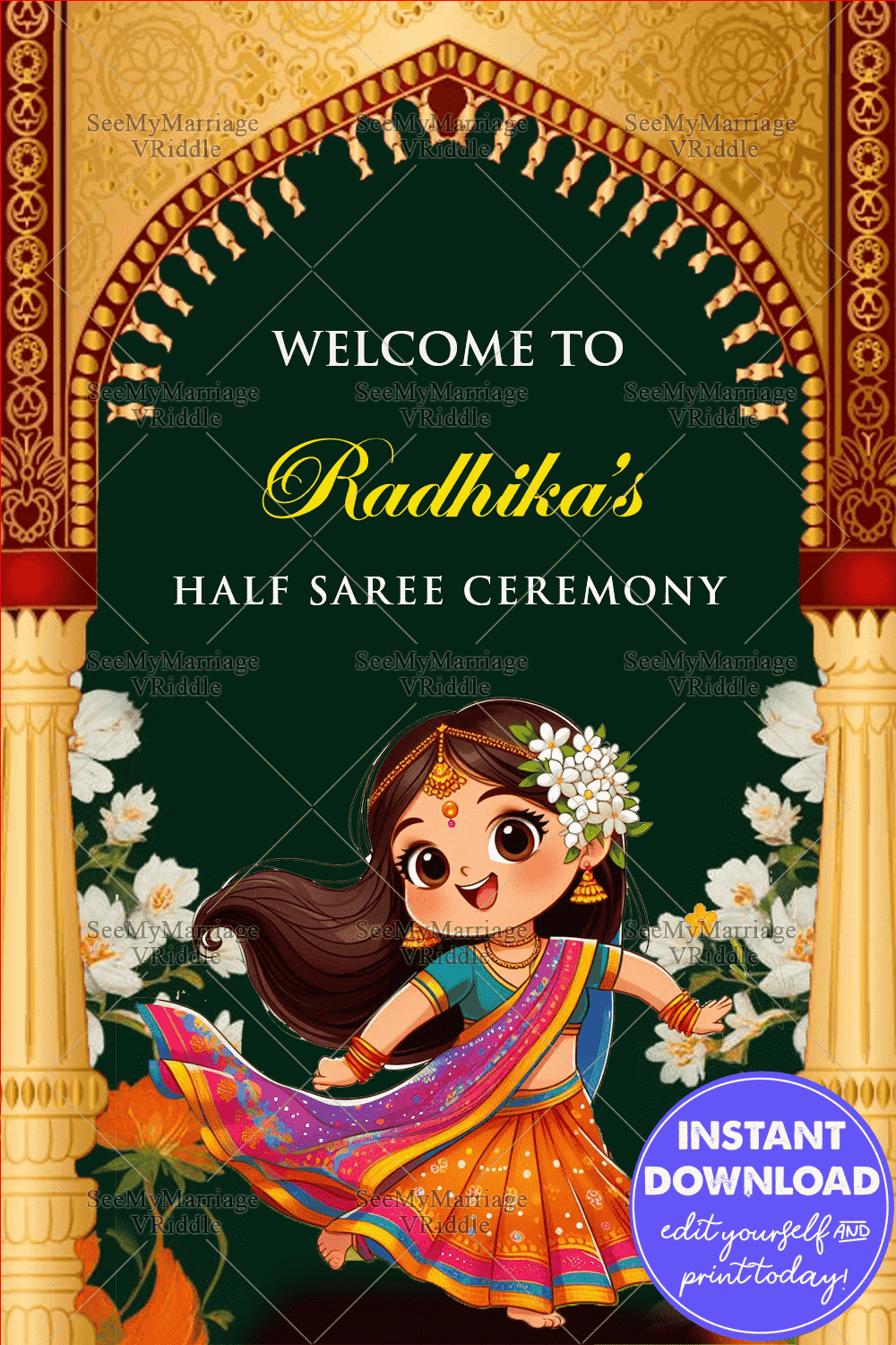 Colorful Cartoon Girl Half Saree Ceremony Welcome Poster 1