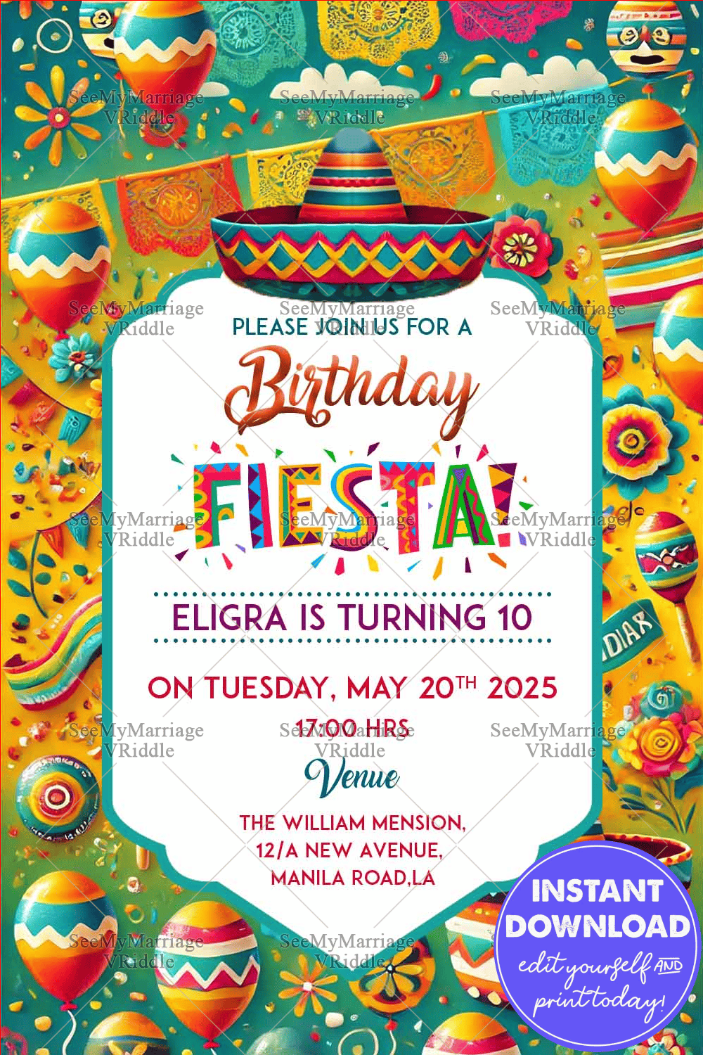 Colorful Fiesta Theme Birthday Bash Party Invitation
