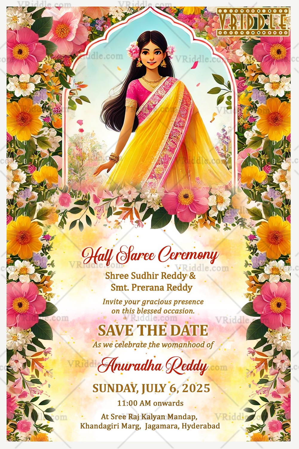 Colorful Petals Half Saree Ceremony Invitation Card with Yellow Saree Girl Illustration