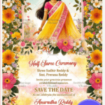 Colorful Petals Half Saree Ceremony Invitation Card with Yellow Saree Girl Illustration