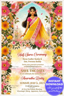 Colorful Petals Half Saree Ceremony Invitation Card with Yellow Saree Girl Illustration