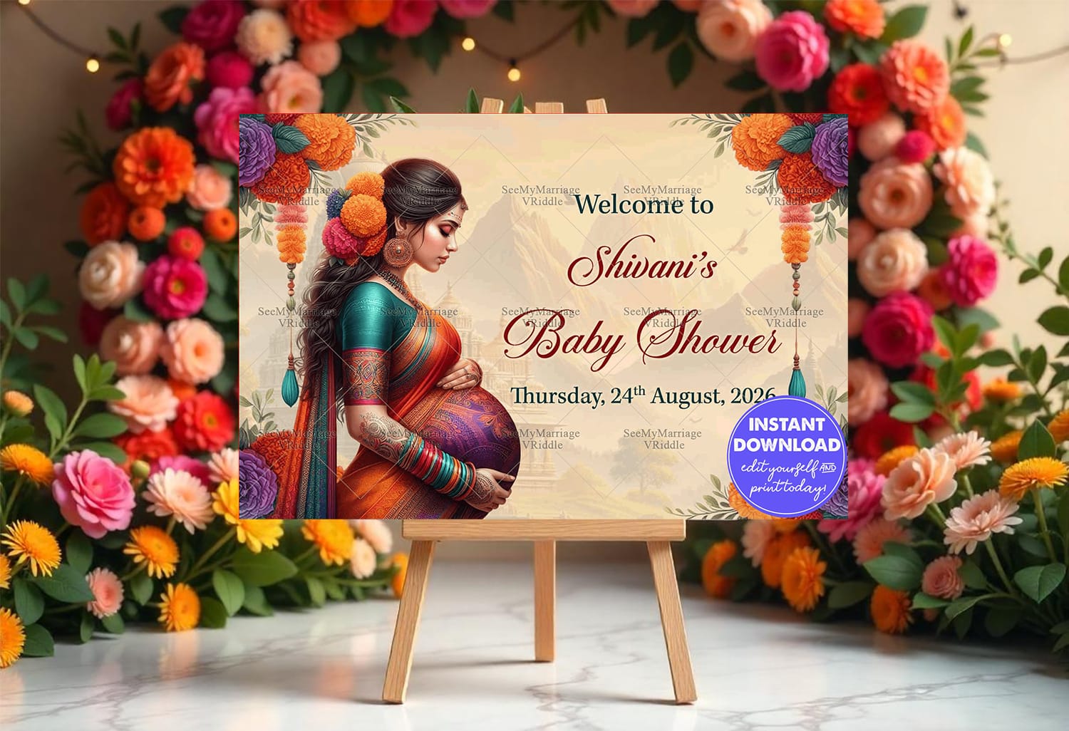 Colorful Saree Grace Baby Shower Welcome Poster Mockup