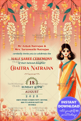 Coral Grace Half Saree Ceremony Invitation Card with Floral Cascade Theme