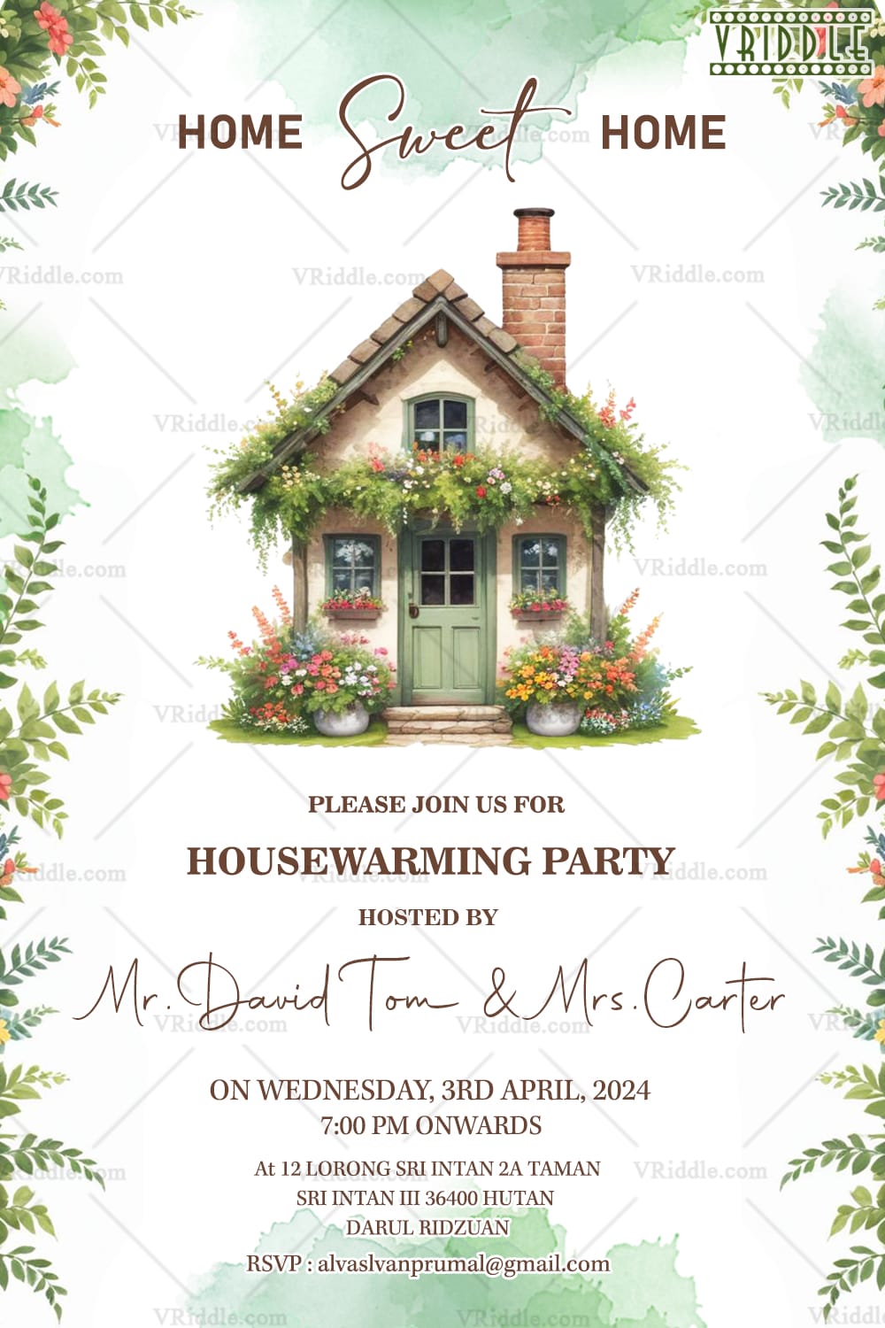 Cottage Charm Housewarming Party Invitation Card with Floral Theme Background