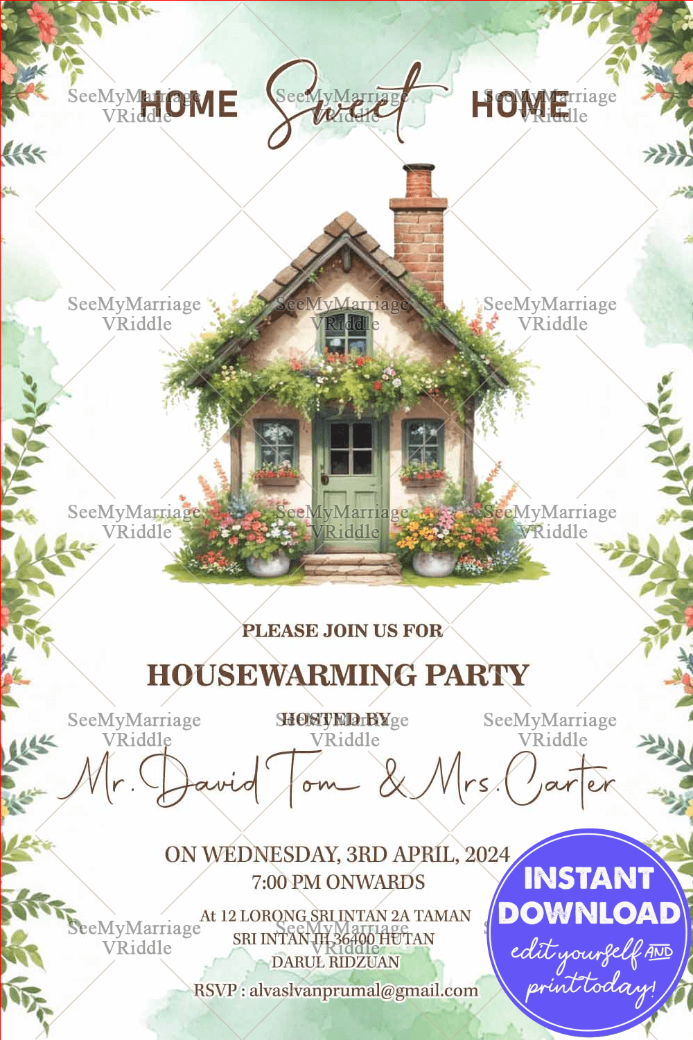 Cottage Charm Housewarming Party Invitation Card with Floral Theme Background