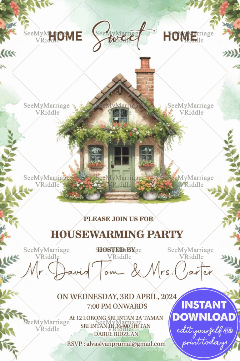 Cottage Charm Housewarming Party Invitation Card with Floral Theme Background