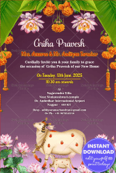 Cultural Lotus Theme Griha Pravesh Invitation Card with Purple Color Background