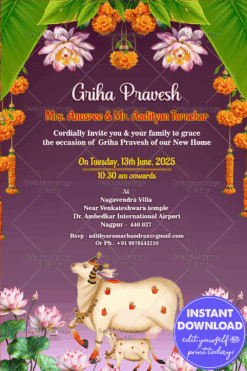 Cultural Lotus Theme Griha Pravesh Invitation Card with Purple Color Background