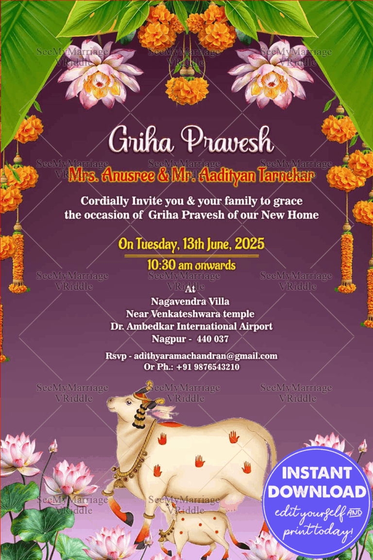 Cultural Lotus Theme Griha Pravesh Invitation Card with Purple Color Background