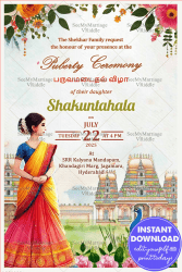 Cultural Peacock Splendor Puberty Ceremony Invitation Card with Temple Backdrop