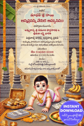 Cute Baby Telugu Annaprashan Ceremony Invitation with Traditional Elements and Temple Backdrop