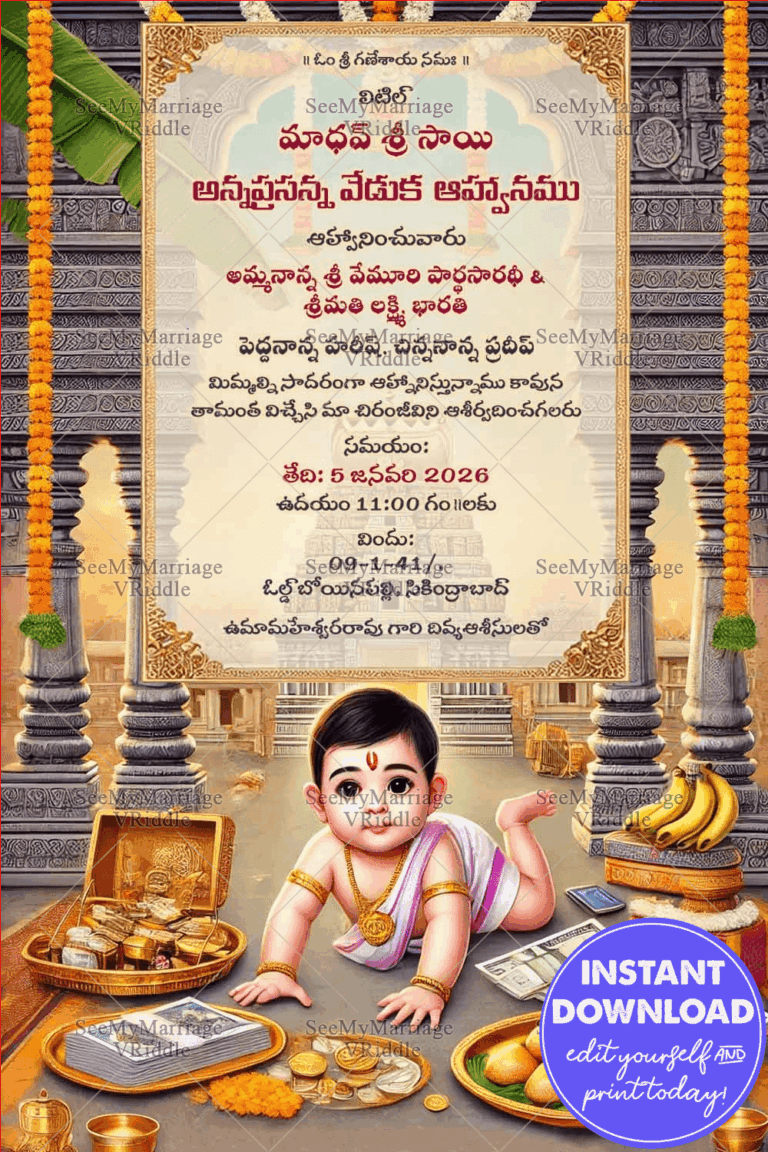 Cute Baby Telugu Annaprashan Ceremony Invitation with Traditional Elements and Temple Backdrop