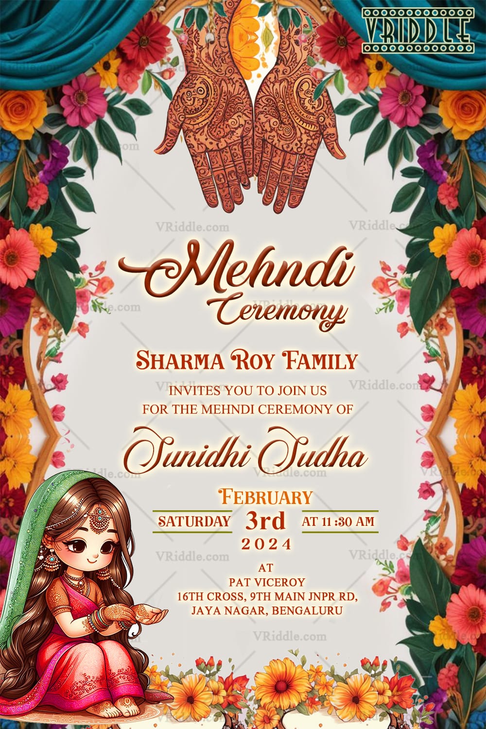 Cute Cartoon Theme Mehndi Ceremony Invitation Card with Floral Arch Background
