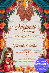 Cute Cartoon Theme Mehndi Ceremony Invitation Card with Floral Arch Background