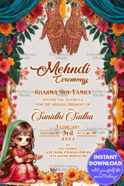 Cute Cartoon Theme Mehndi Ceremony Invitation Card with Floral Arch Background