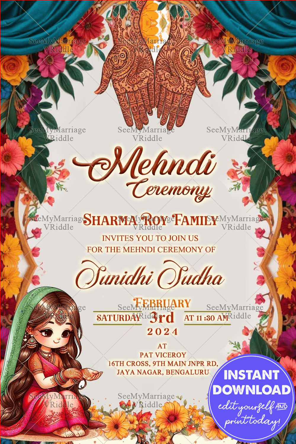 Cute Cartoon Theme Mehndi Ceremony Invitation Card with Floral Arch Background