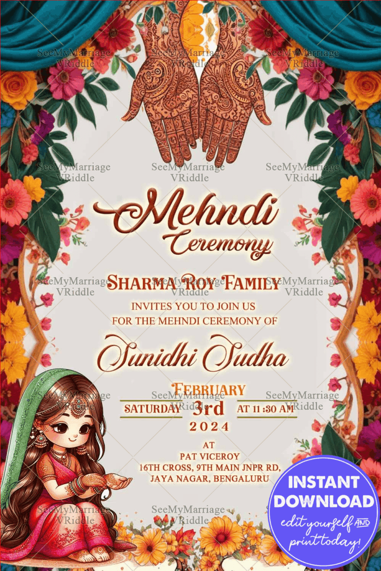 Cute Cartoon Theme Mehndi Ceremony Invitation Card with Floral Arch Background