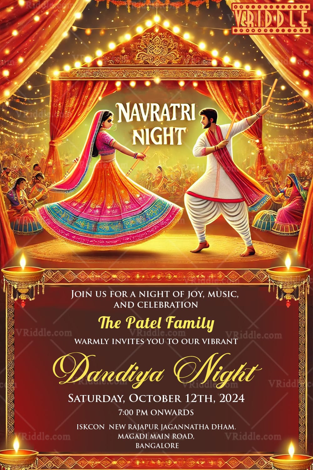 Dazzling Dandiya Night Celebration Invitation Card with String Lights Decor