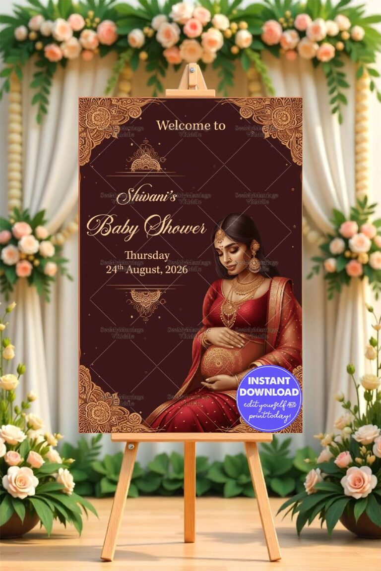 Deep Maroon Theme Baby Shower Welcome Poster with Golden Accents