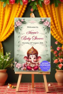 Divine Lotus Theme Baby Shower Welcome Poster with Ganesha Illustration