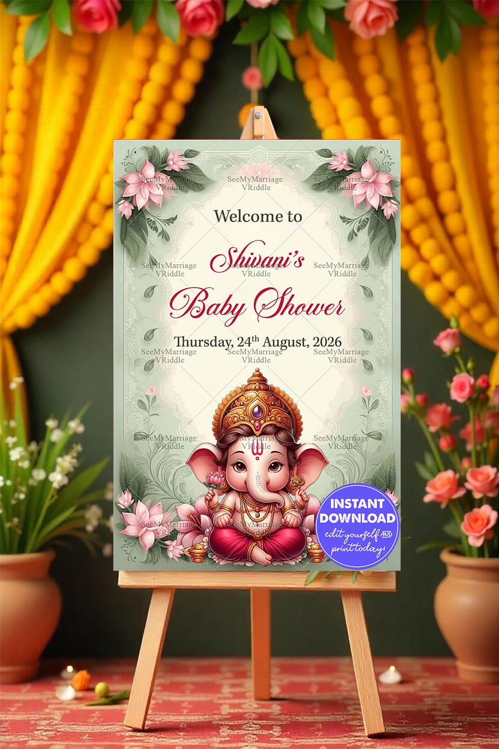 Divine Lotus Theme Baby Shower Welcome Poster with Ganesha Illustration Mockup