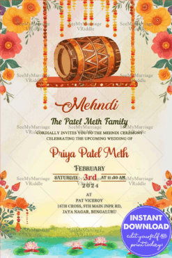 Drum Garland Theme Mehndi Ceremony Invitation Card with Serene Lake View Background