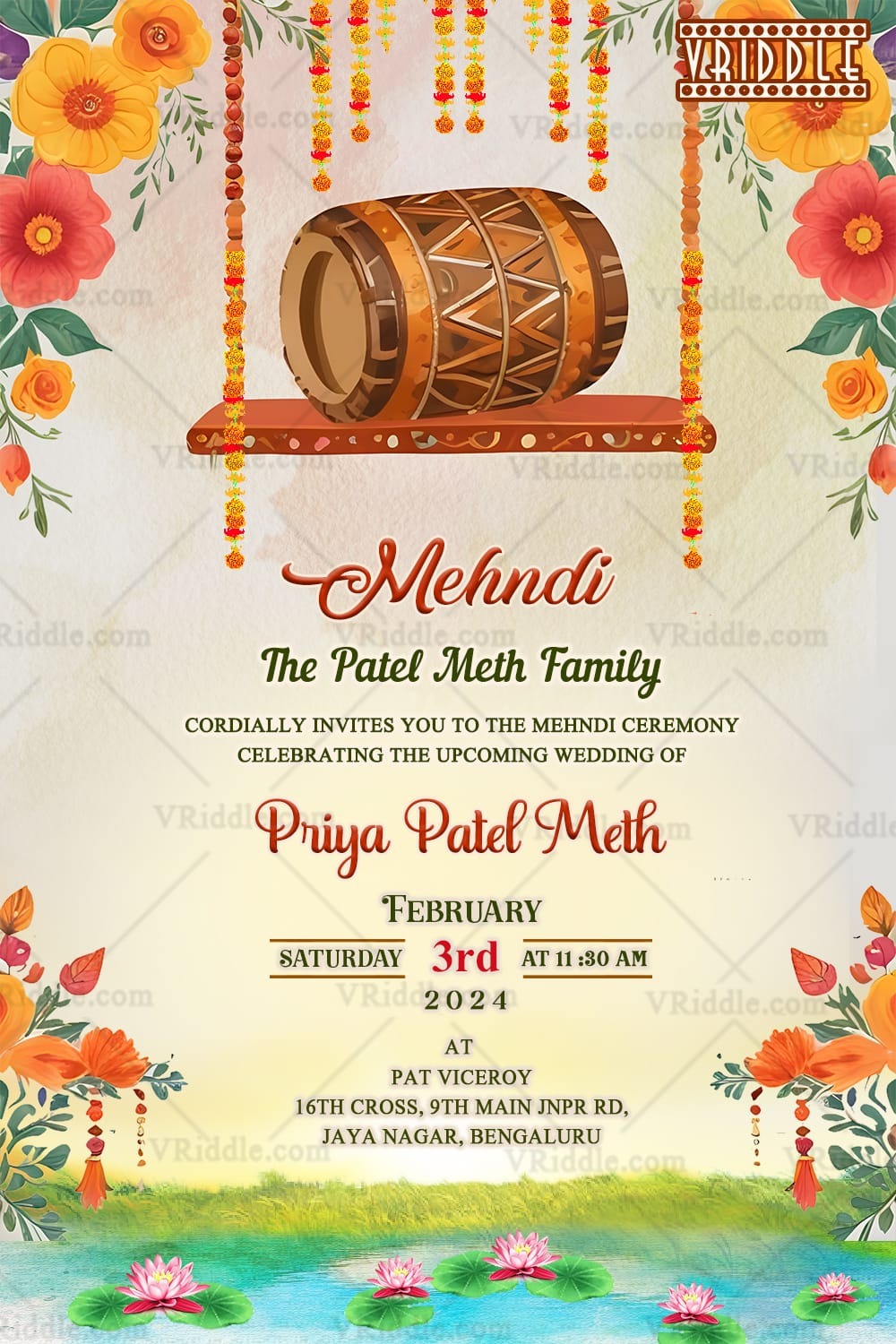 Drum Garland Theme Mehndi Ceremony Invitation Card with Serene Lake View Background