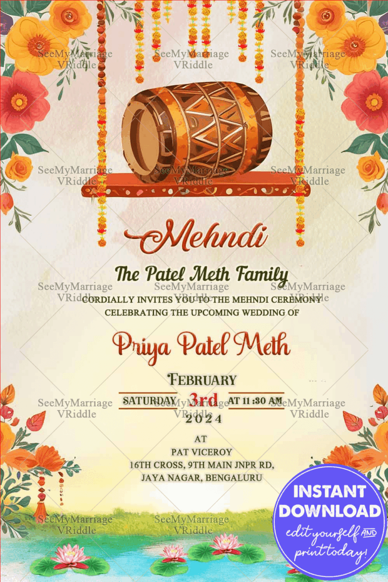 Drum Garland Theme Mehndi Ceremony Invitation Card with Serene Lake View Background