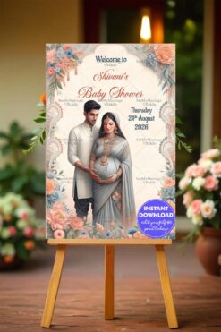 Elegant Couple Baby Shower Welcome Poster with Floral Patterns