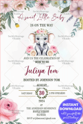 Elephant Theme Baby Shower Invitation Card with Floral Borders