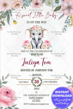 Elephant Theme Baby Shower Invitation Card with Floral Borders
