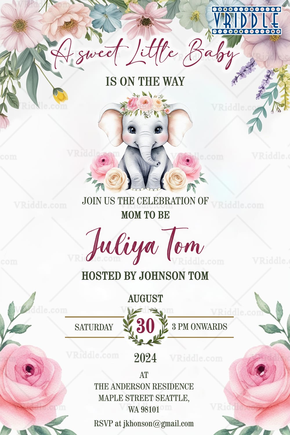 Elephant Theme Baby Shower Invitation Card with Floral Borders