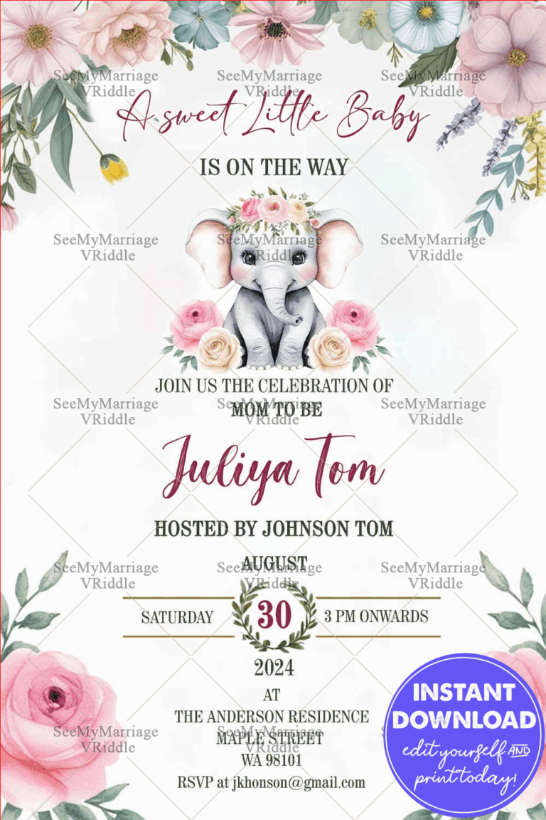 Elephant Theme Baby Shower Invitation Card with Floral Borders