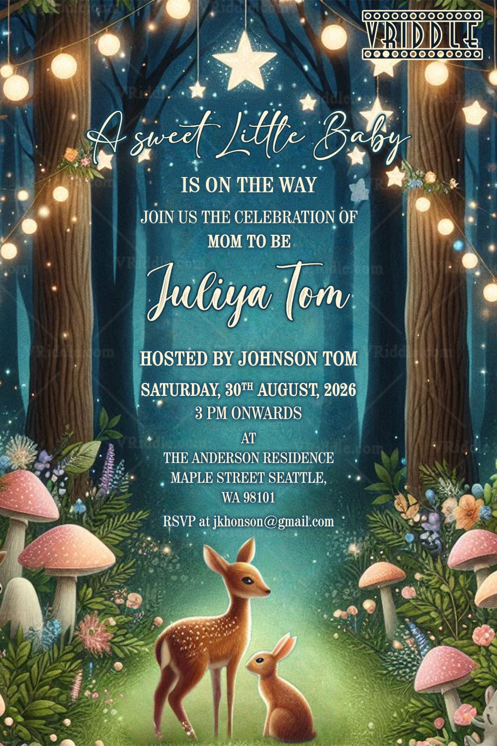 Enchanted Forest Theme Baby Shower Invitation Card with String Lights Decor