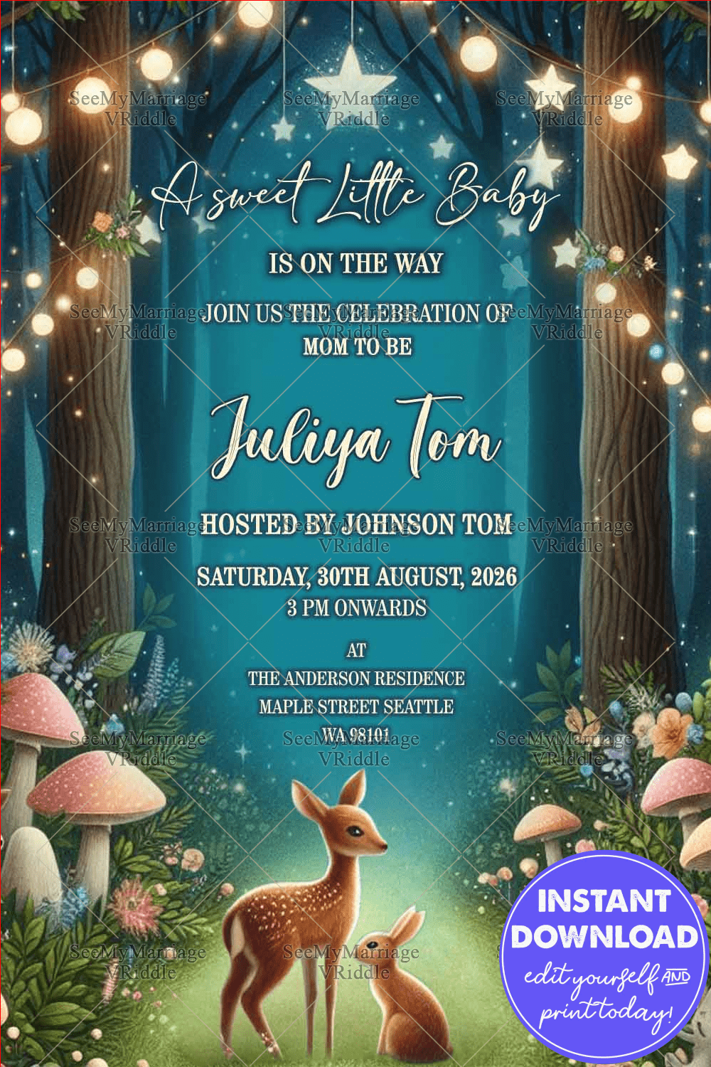 Enchanted Forest Theme Baby Shower Invitation Card with String Lights Decor