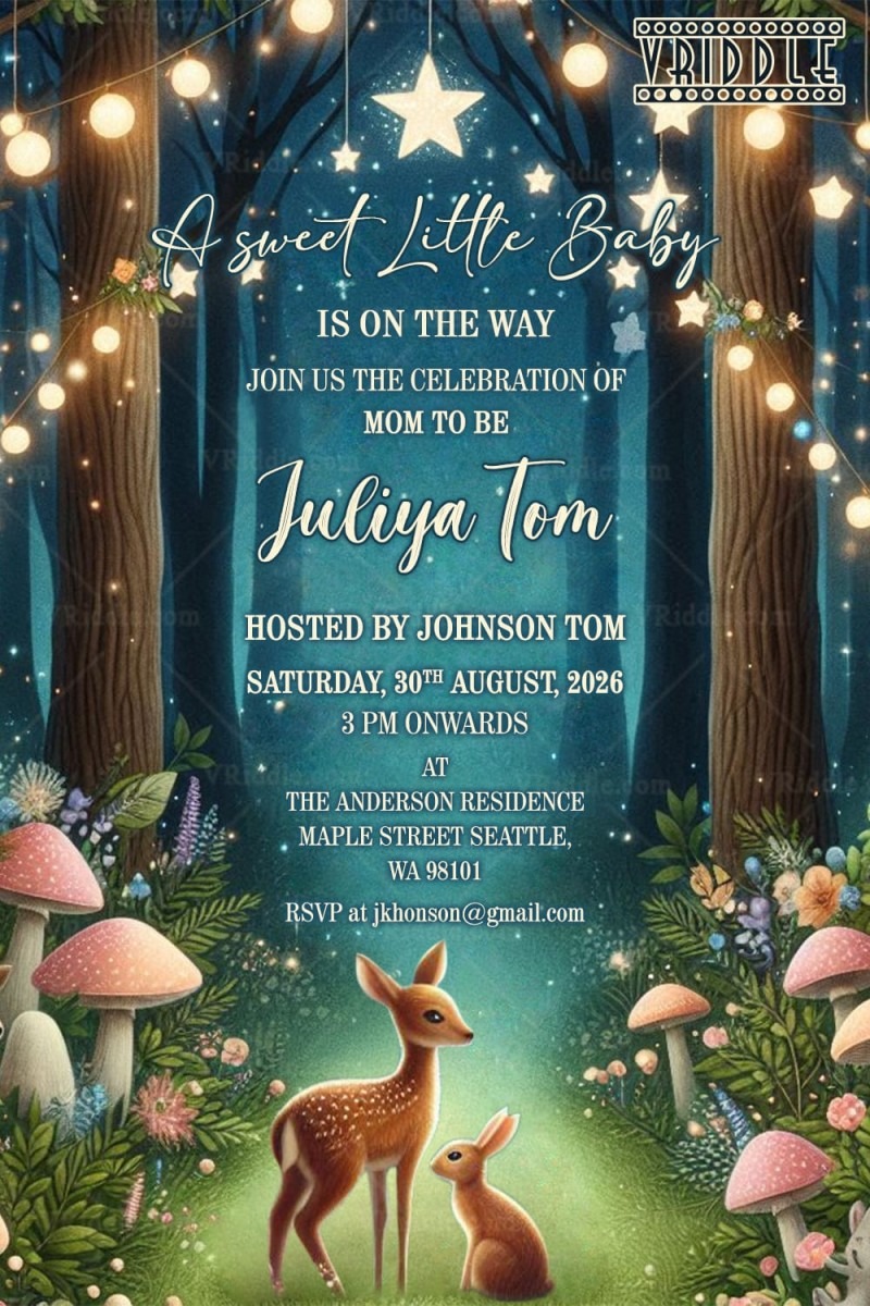 Enchanted Forest Theme Baby Shower Invitation Card with String Lights