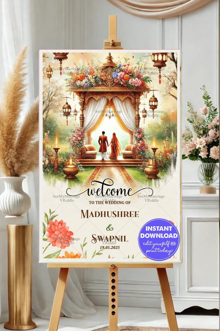 Enchanted Garden Theme Marathi Wedding Welcome Poster with Mandap Background