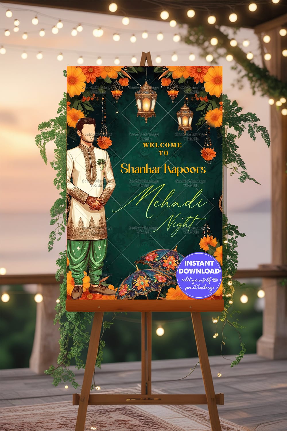 Enchanted Lanterns Decor Mehndi Night Welcome Banner with Caricature Theme Mockup