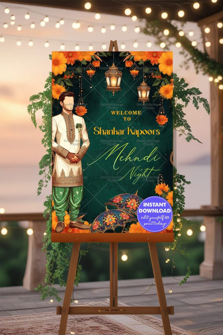 Enchanted Lanterns Decor Mehndi Night Welcome Banner with Caricature Theme