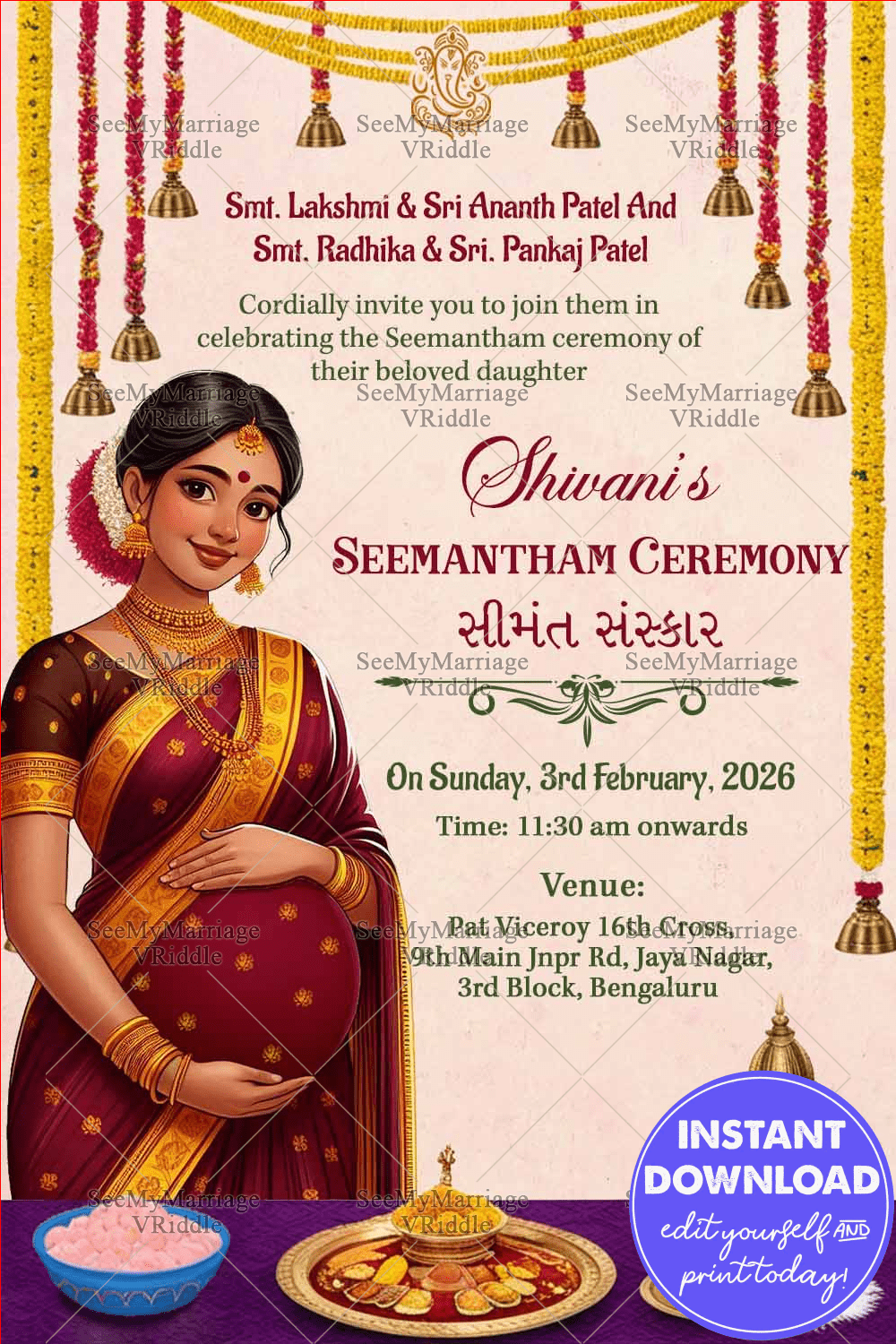 Ethnic Saree Gujarati Seemantham Ceremony Invitation Card with Traditional Elements