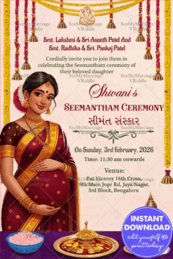 Ethnic Saree Gujarati Seemantham Ceremony Invitation Card with Traditional Elements