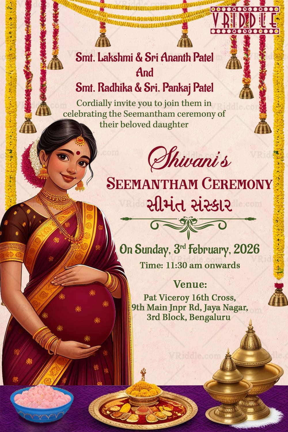 Ethnic Saree Gujarati Seemantham Ceremony Invitation Card with Traditional Elements