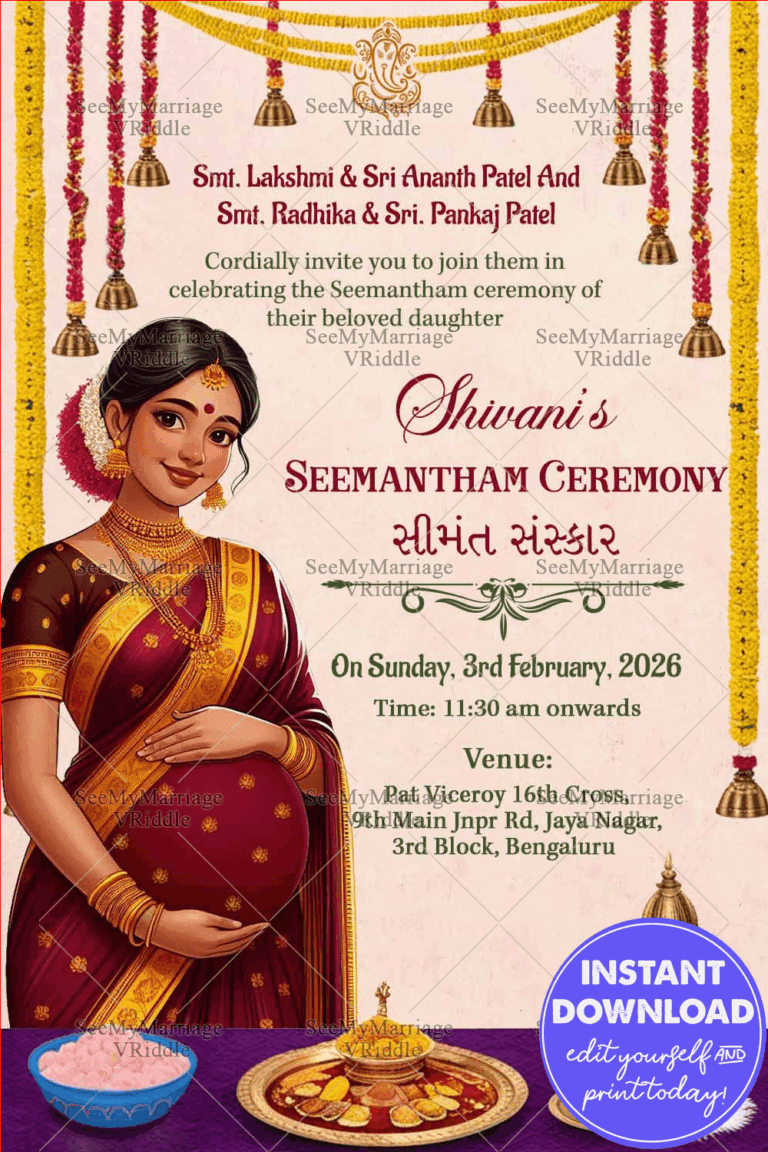 Ethnic Saree Gujarati Seemantham Ceremony Invitation Card with Traditional Elements
