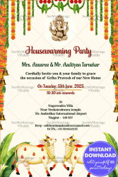 Festive Theme Housewarming Invitation Card with Traditional Floral Decorations and Sacred Cows