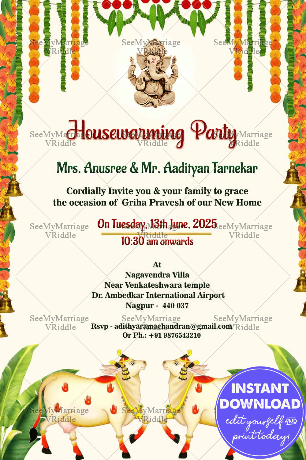 Festive Theme Housewarming Invitation Card with Traditional Floral ...