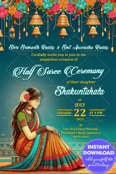 Festive Theme Traditional Girl Half Saree Ceremony Invitation