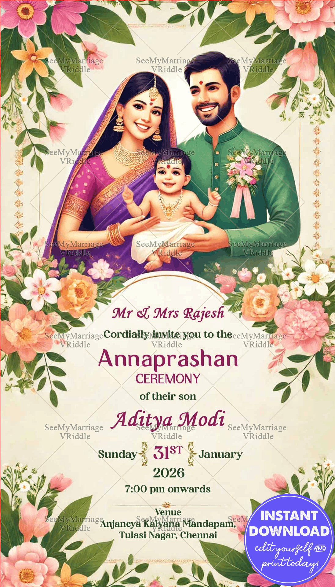 Floral Annaprashan Invitation Traditional Family Celebration Design