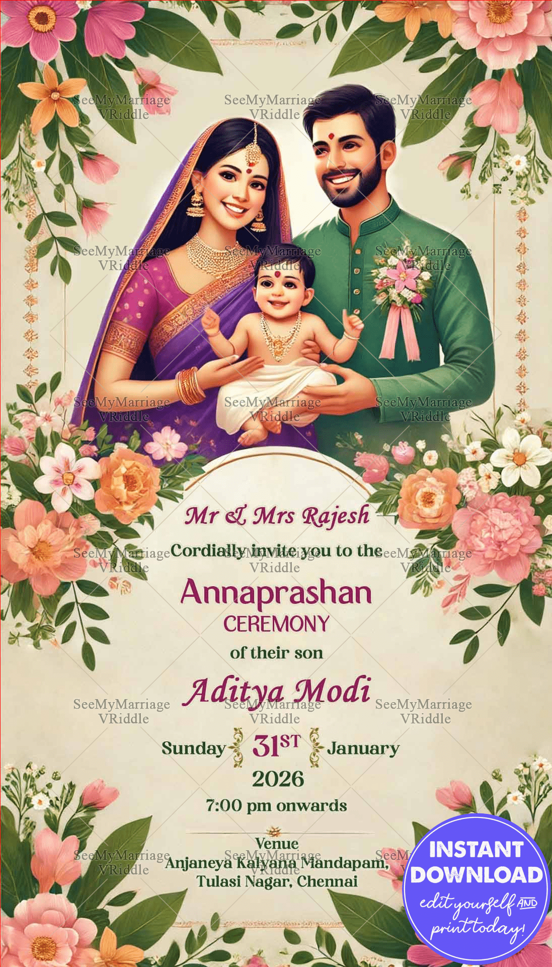Floral Annaprashan Invitation Traditional Family Celebration Design